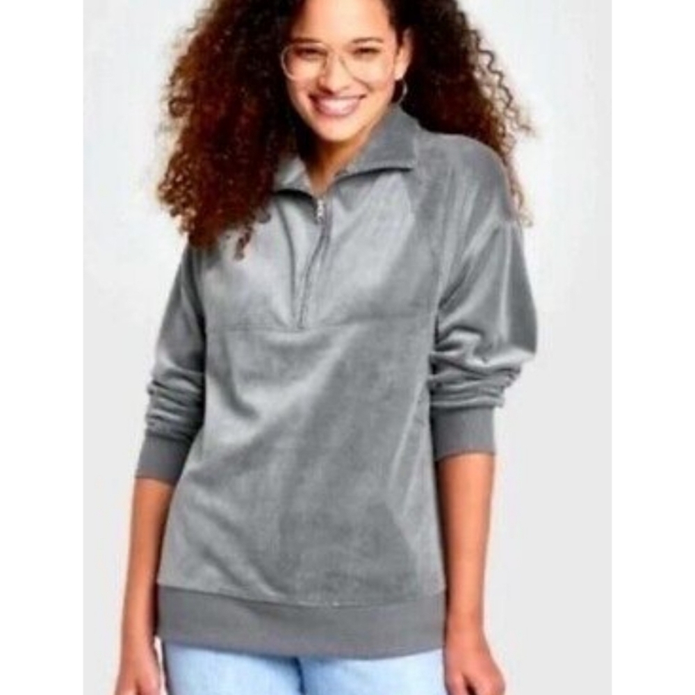 Wild Fable Half Zip Velour Tunic Sweatshirt Dark  Gray